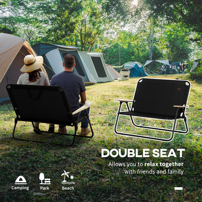 Outsunny Double Folding Camping Chair, Loveseat for 2 Adults, Portable Camping Couch with Wood Armrest & Cupholders, for Backpacking, Beach, Sports Travel, Black - DTYStore