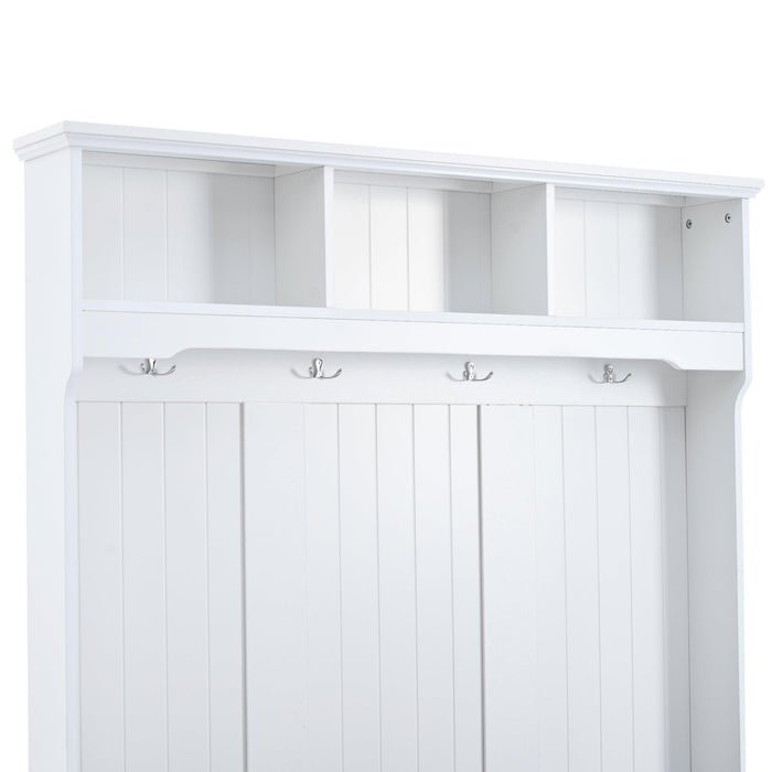 5-in-1 Entryway Bench with Shutter Doors, Coat Rack, Cushion, and Hooks for Hallway