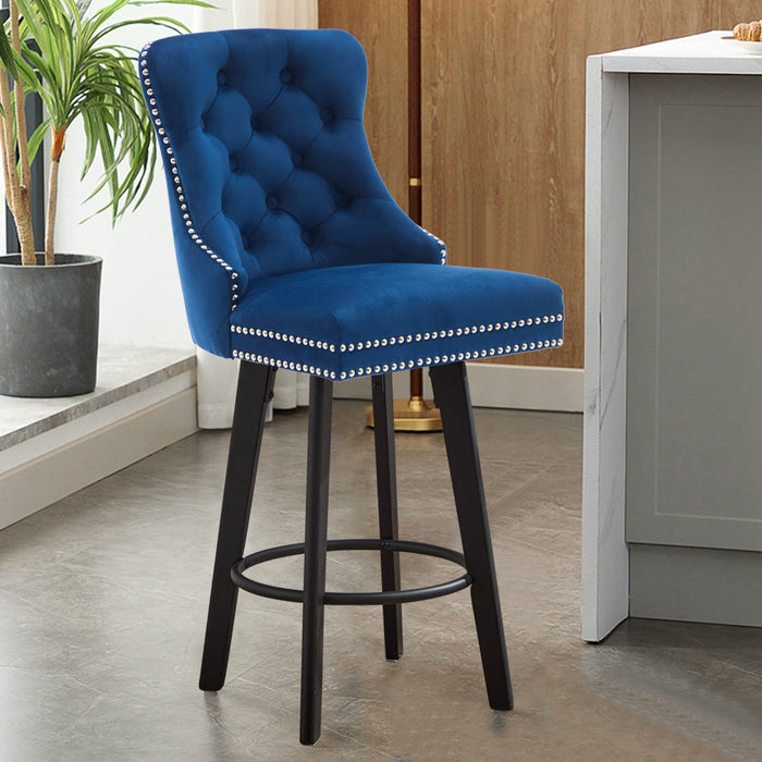 Modern Swivel Bar Stools Velvet Barstools Button Tufted Bar Stools Rivet Trim Bar Stools for Kitchen Island,Bistro, with Metal Pull Ring Sturdy Footrest Large Backrest for Home Bar,Navy Blue 1pc - DTYStore