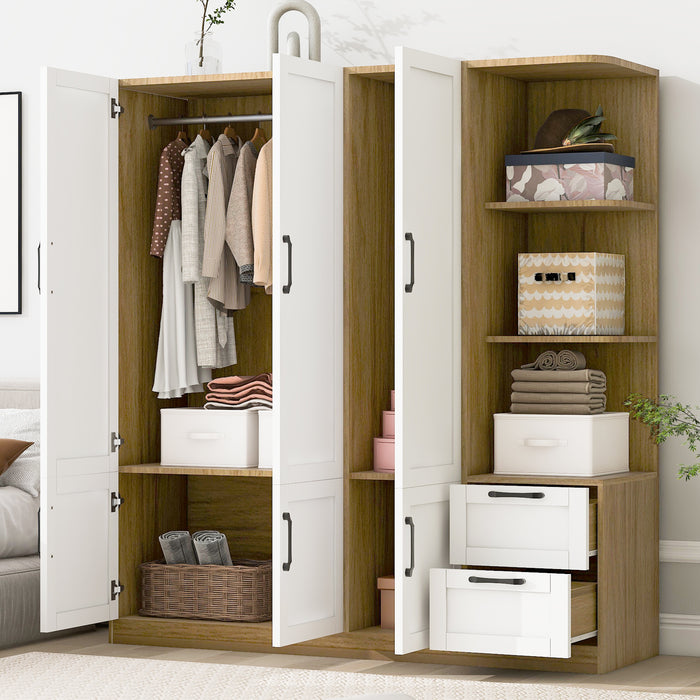3 Door Wooden Storage Wardrobe for Dedroom with Shelves and 2 Drawers, Side Storage Shelves,White - DTYStore