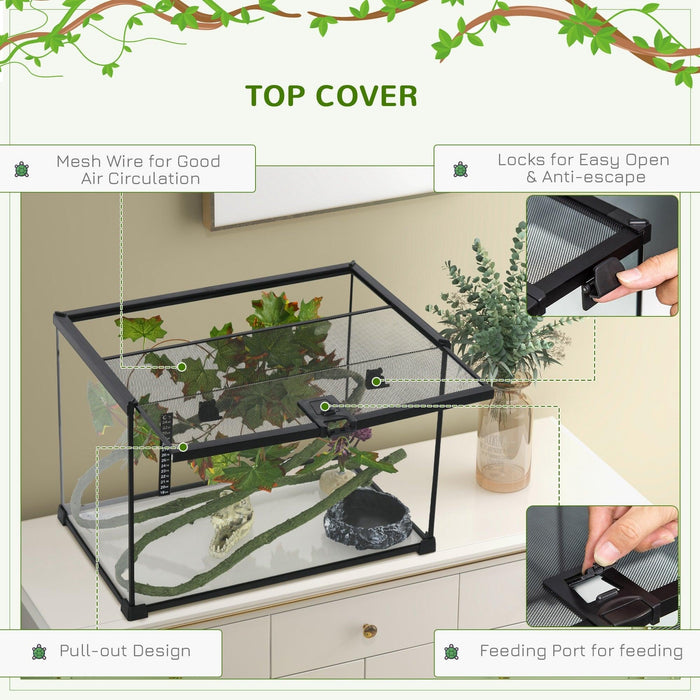 14 Gallon Reptile Glass Terrarium Tank with Decor Kit, Breeding Box Full View with Visually Appealing Sliding Screen Top for Lizards, Frogs, Snakes, Spiders, 20" x 12" x 14", Black - DTYStore
