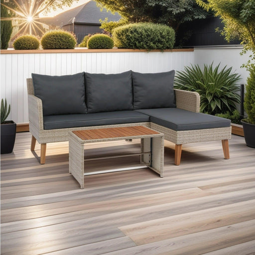 3 Piece Patio Sectional Wicker Rattan Outdoor Furniture Sofa Set Natural Yellow Wicker + Dark Grey Cushion - DTYStore
