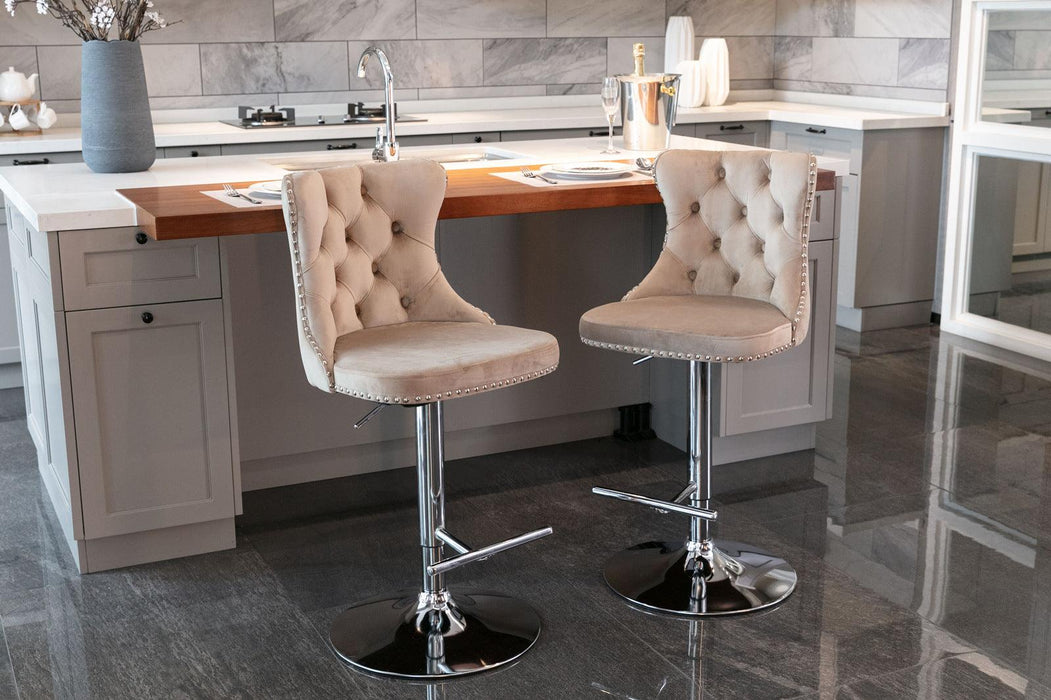 A&A Furniture,Swivel Velvet Barstools Adjusatble Seat Height from 25-33 Inch, Modern Upholstered Chrome base Bar Stools with Backs Comfortable Tufted for Home Pub and Kitchen Island（Khaki,Set of 2）