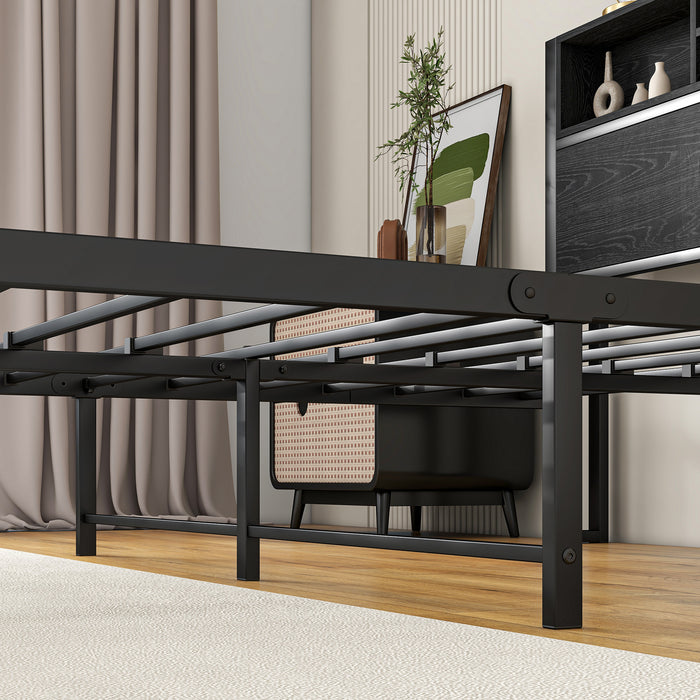 Full Size Bed Frame with Storage Headboard, Metal Platform Bed with Charging Station, Bookcase Storage, No Box Spring Needed, Easy Assembly, Noise-Free, Black - DTYStore