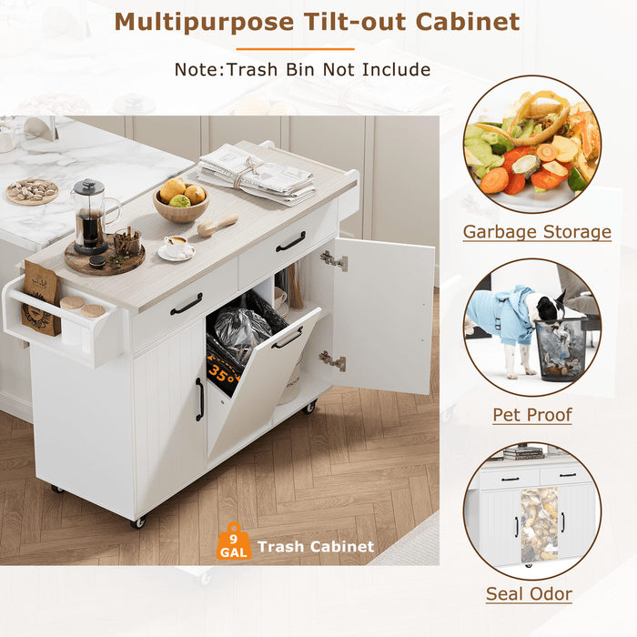 Kitchen Island with Trash Can Storage Cabinet, Kitchen Cart with Drop Leaf, Spice Rack, Towel Rack and Drawer, Rolling Kitchen Island on Wheels with Adjustable Shelf, White - DTYStore
