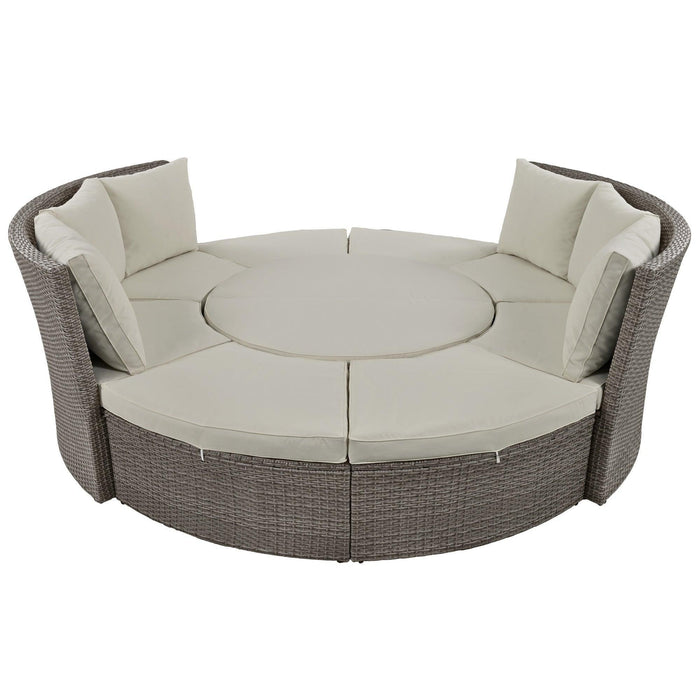 Patio 5-Piece Round Rattan Sectional Sofa Set All-Weather PE Wicker Sunbed Daybed with Liftable Table and Washable Cushions for Outdoor Poolside