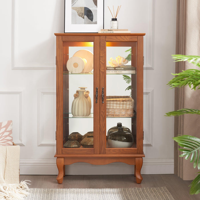 2 Doors Curio Cabinet with Tempered Glass Doors and Mirrored Back Panel, Lighted Display Cabinet for Home and Office