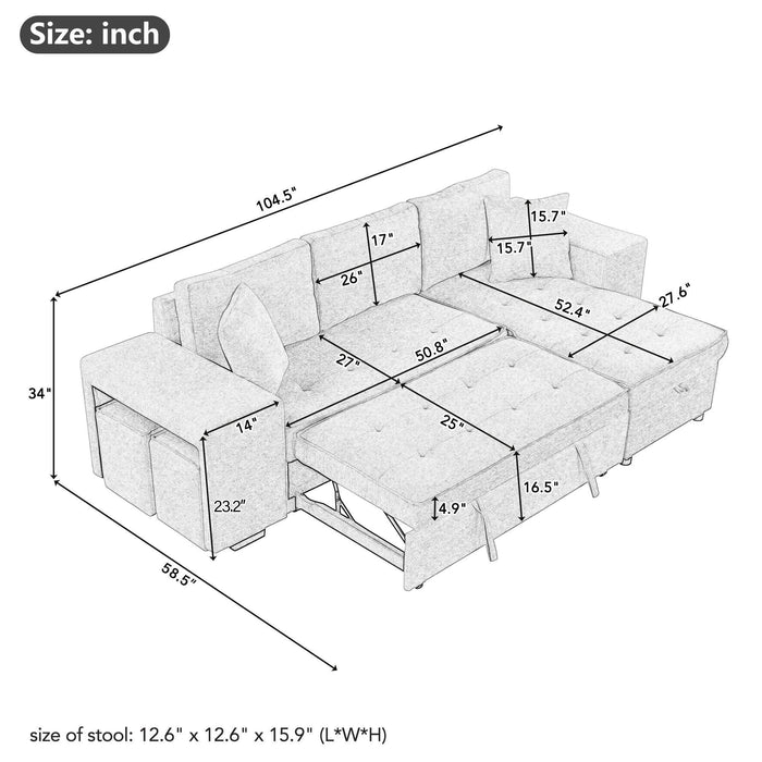 104.5" Pull Out Sleeper Sofa Reversible L-Shape 3 Seat Sectional Couch with Storage Chaise and 2 Stools for Living Room Furniture Set,Gray