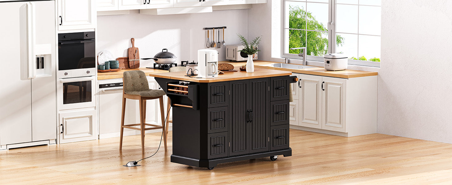56 inch Kitchen Island with Rubber Wood Veneer Drop Leaf, Power Outlet, 4 Door Shelves, Embossed Vertical Stripe Rolling Kitchen Cart on 4 Wheels with 6 Deep Drawers for Kitchen, Dining Room,Black - DTYStore