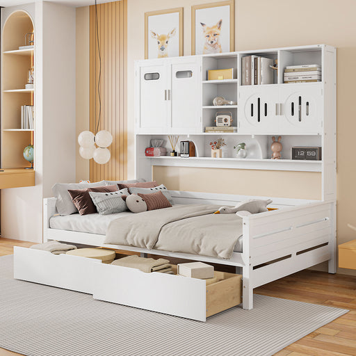 Full Size Wooden Daybed With 2 Drawers, and All-in-One Cabinet and Shelf, White - DTYStore