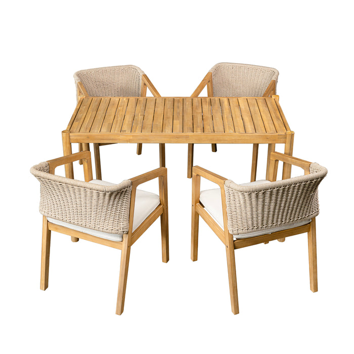 Acacia Wood Outdoor Dining Set of 5, Dining Furniture Set with 1 Table 4 Chairs, Teak and Beige - DTYStore