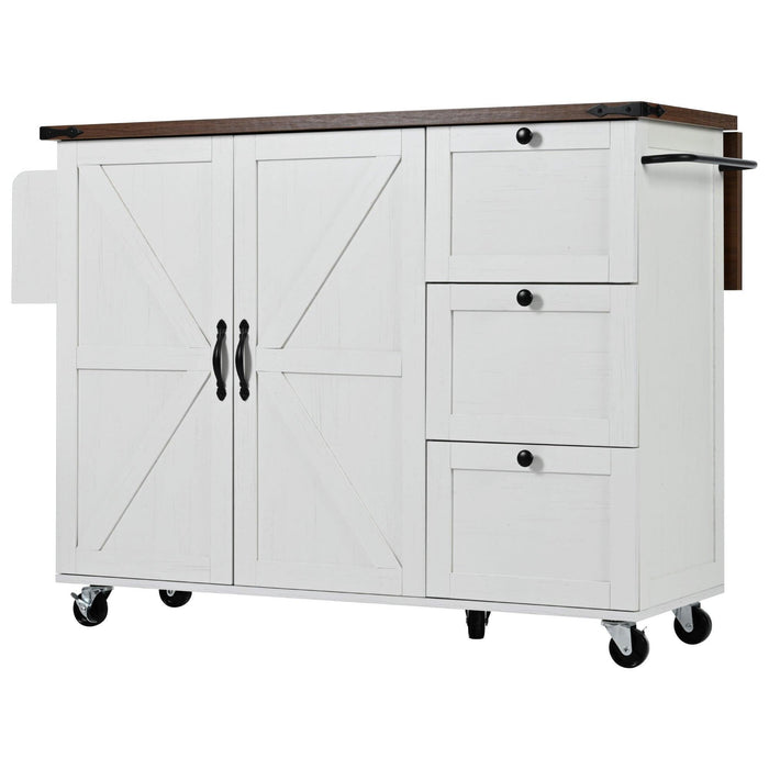 54.5" Farmhouse Kitchen Island with Power Outlet, Kitchen Storage Island with Internal Storage Rack, Drop Leaf, Spice Rack, Rolling Kitchen Cart on Wheels, for Home, Kitchen and Dining Room,White - DTYStore