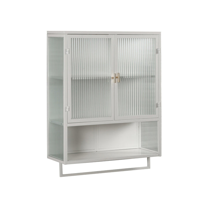 23.62"Glass Doors Modern Two-door Wall Cabinet with Featuring Two-tier Enclosed Storage, an Open Shelf, and Towel Rack, for Entryway Living Room Bathroom Dining Room