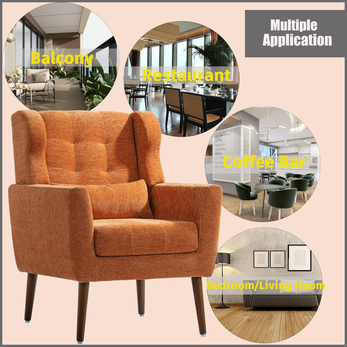 Modern Accent Chair,Chenille Arm Chairs for Living Room,Upholstered Mordern Armchair,Comfy Soft Padded Lounge Chair in Small Space, Bedroom, w/Pillow, Solid Wood Leg (Orange)