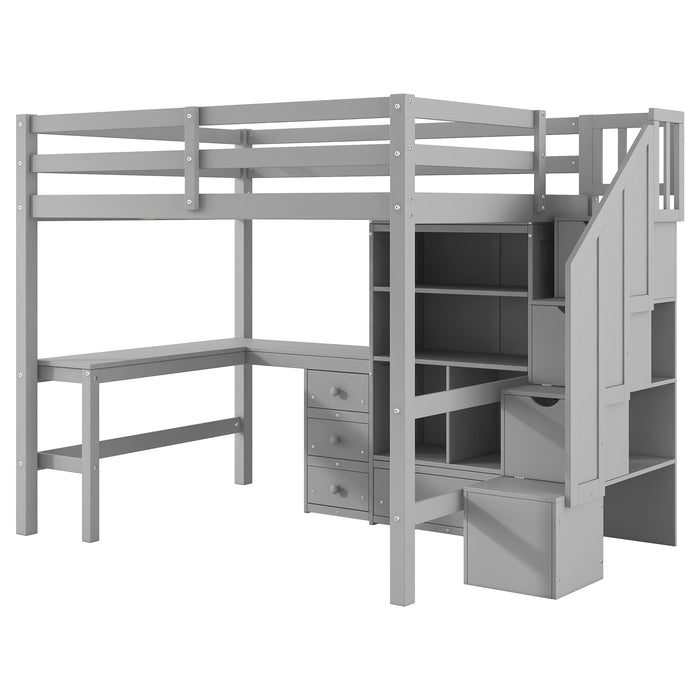 Full Size Loft Bed with L-Shaped Desk and Drawers, Cabinet and Storage Staircase, Gray - DTYStore