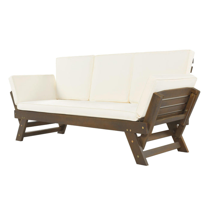 TOPMAX Outdoor Adjustable Patio Wooden Daybed Sofa Chaise Lounge with Cushions for Small Places, Brown Finish+Beige Cushion