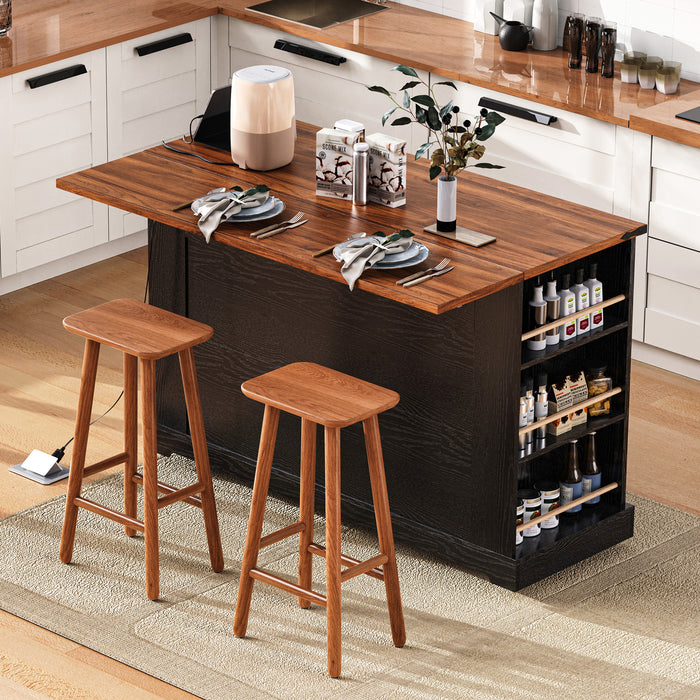 53'' Farmhouse Kitchen Island with Two Tempered Glass Cabinet Doors, Power Outlet, Rolling Kitchen Cart on Wheels with Drop Leaf, 5 Open Side Racks, 3 Drawers, for Kitchen, Dining Room, Black - DTYStore