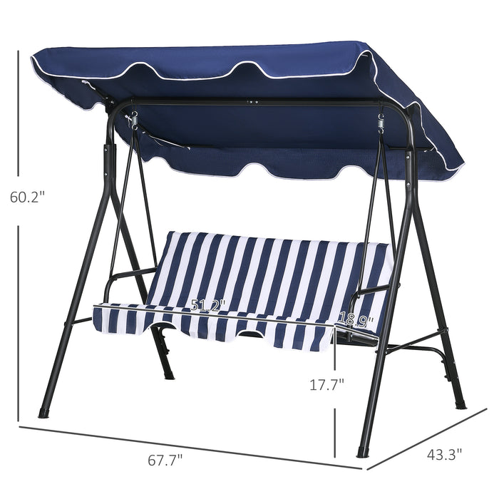 Outsunny 3-Seat Outdoor Patio Swing Chair with Removable Cushion, Steel Frame Stand and Adjustable Tilt Canopy for Patio, Garden, Poolside, Balcony, Backyard, Dark Blue - DTYStore