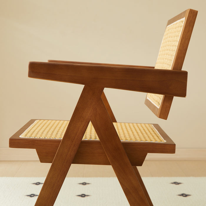 2 dining chairs, walnut color, using rubber wood rattan weaving process, armrest solid wood dining chair, living room chair, simple and natural - DTYStore