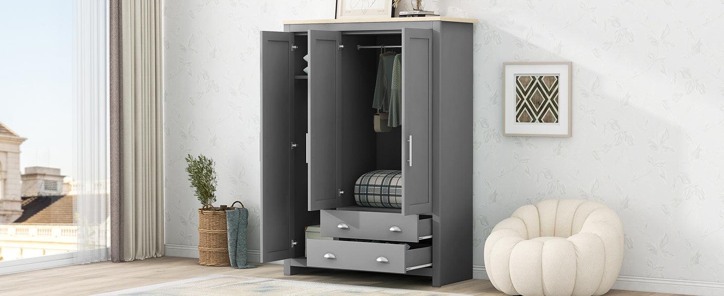 Three Door Storage Wardrobe with Cabinets and Two Hanging Rods,Gray