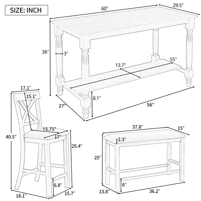 6-Piece Counter Height Dining Table Set with Shelf, 4 Chairs and Bench for Dining Room