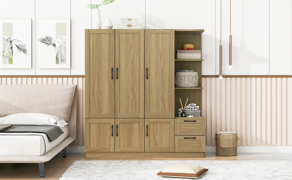 3 Door Wooden Storage Wardrobe for Dedroom with Shelves and 2 Drawers, Side Storage Shelves,Nature - DTYStore