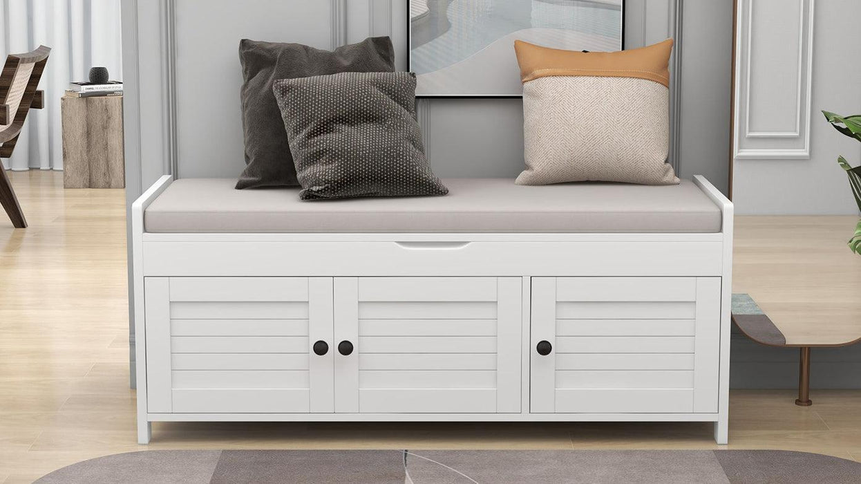 Storage Bench with 3 Shutter-shaped Doors, Removable Cushion and Hidden Storage Space