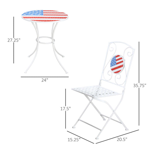 3 Piece Patio Bistro Set, Folding Outdoor Furniture with USA Mosaic Table and Chairs, 
Portable Metal Frames for 4th of July, Balcony, Backyard, Poolside, Porch, American Flag - DTYStore