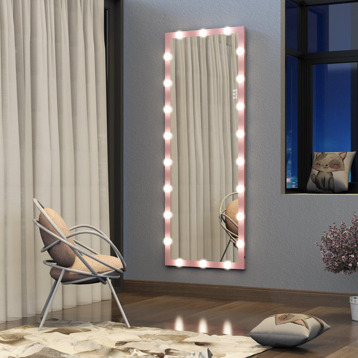 Hollywood Full Length Mirror with Lights Full Body Vanity Mirror with 3 Color Modes Wall Lighted Standing Floor Mirror for Dressing Room Bedroom Hotel Touch Control Pink 62.6"x23.3"