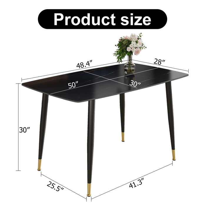 Modern Minimalist Dining Table. Black sintered stone tabletop with golden stripe pattern, black metal legs. Suitable for kitchen restaurantand and living room 50"*30"*30"