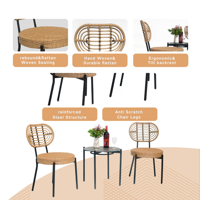 3 Pieces Of Luxury Outdoor Wicker Furniture - Patio Bistro Style Table And Chair Combination,Weather-resistant PE Wicker Weave, Stainless Steel Fame, Suitable For Garden, Terrace,Backyard Casua - DTYStore
