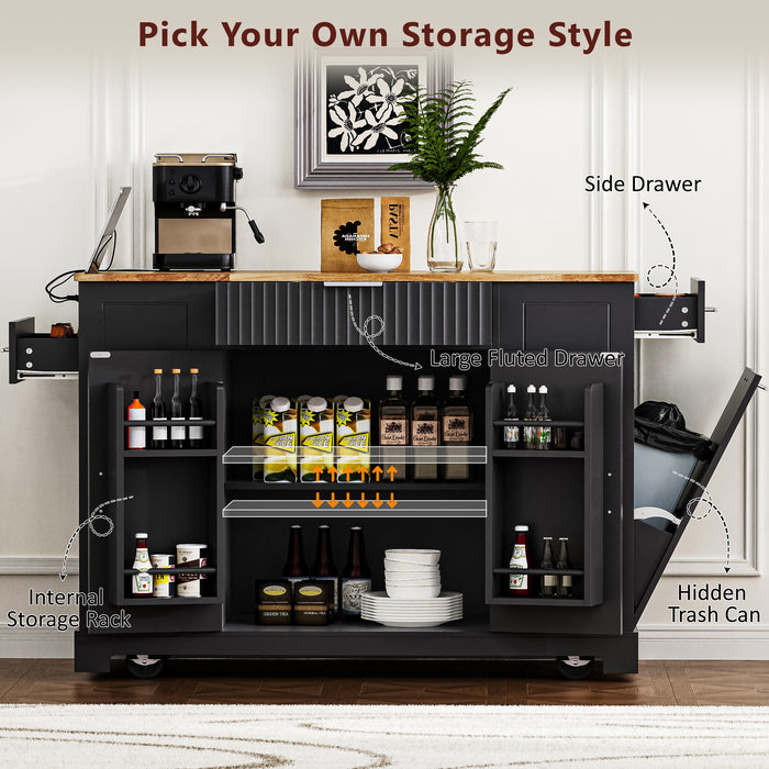 Fluted Kitchen Island with Trash Can Storage Cabinet, Power Outlet, Internal Storage Rack, Rolling Kitchen Islands on 5 Wheels with 3 Drawer, 3 Open Side Racks for 10 Gallon Garbage Bin, Black - DTYStore