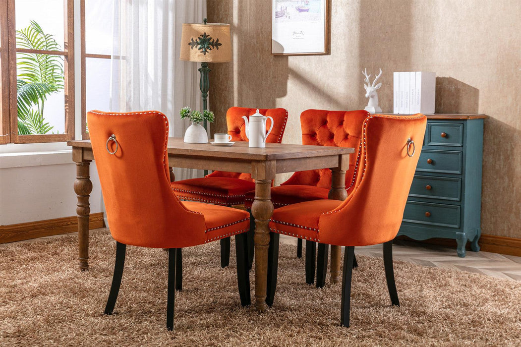 Nikki Collection Modern, High-end Tufted Solid Wood Contemporary Velvet Upholstered Dining Chair with Wood Legs Nailhead Trim 2-Pcs Set, Orange