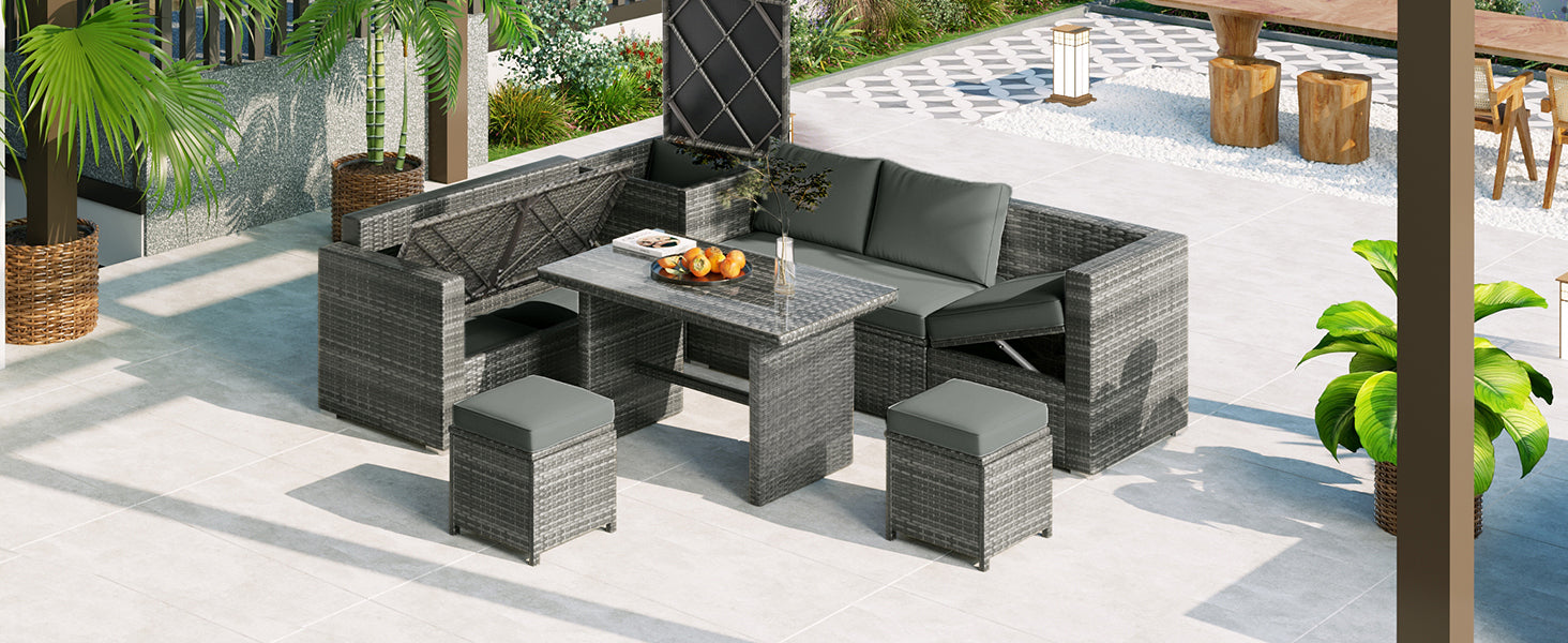 Outdoor 6-Piece All Weather PE Rattan Sofa Set, Garden Patio Wicker Sectional Furniture Set with Adjustable Seat, Storage Box, Removable Covers and Tempered Glass Top Table,Grey - DTYStore