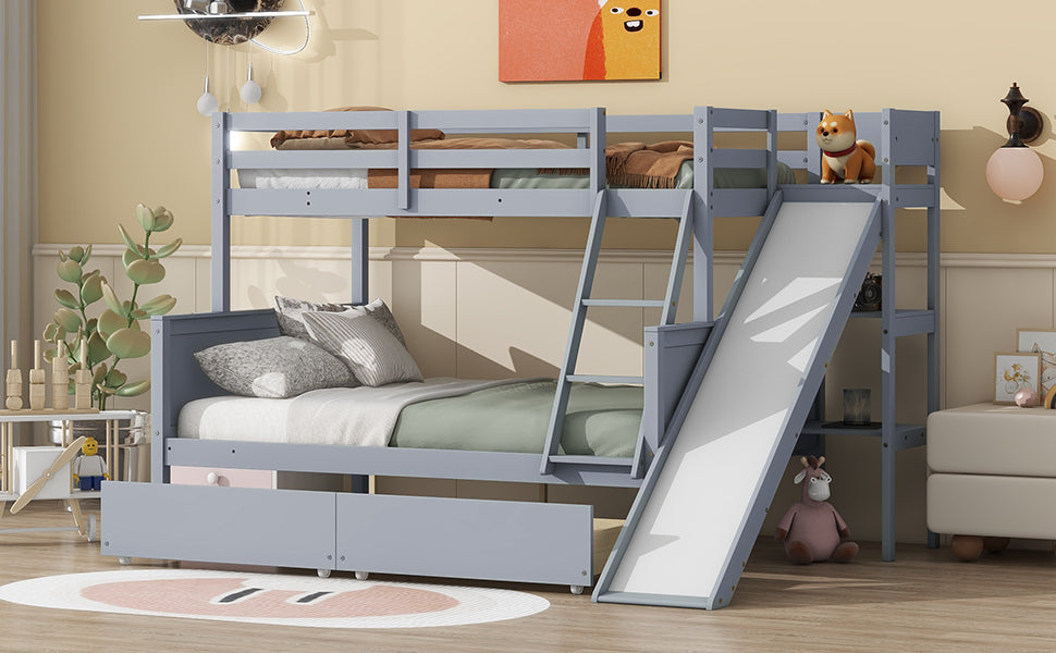 Twin over Full Bunk Bed with 2 Drawers, Slide, Shelves, Ladder, Rubber Wood Bunk Bed with Slide, Drawers,Grey(Old Sku:W504S00061) - DTYStore