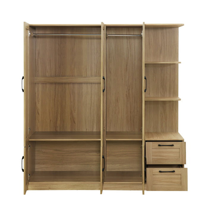 3 Door Wooden Storage Wardrobe for Dedroom with Shelves and 2 Drawers, Side Storage Shelves,Nature - DTYStore
