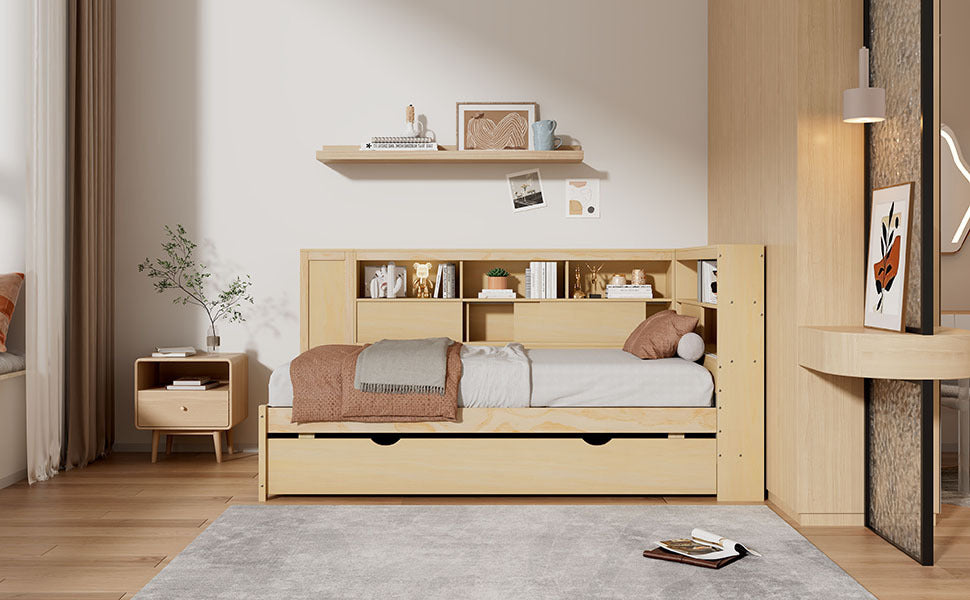 Twin Size Wood Daybed with Storage Shelves, USB and Trundle, Natural - DTYStore