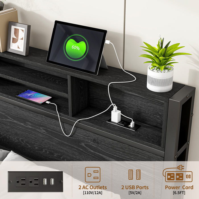 Full Size Bed Frame with Storage Headboard, Metal Platform Bed with Charging Station, Bookcase Storage, No Box Spring Needed, Easy Assembly, Noise-Free, Black - DTYStore