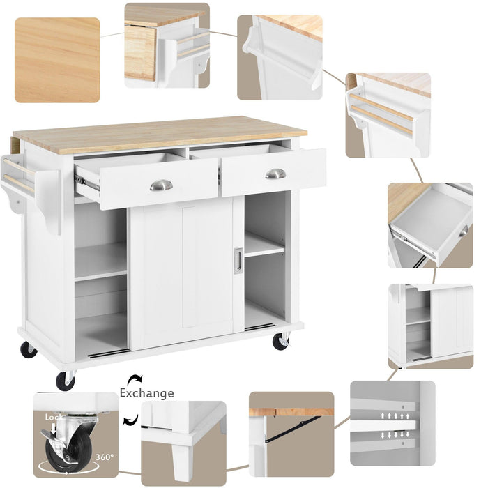 Kitchen Cart with Rubber wood Drop-Leaf Countertop, Concealed sliding barn door adjustable height,Kitchen Island on 4 Wheels with Storage Cabinet and 2 Drawers,L52.2xW30.5xH36.6 inch, White