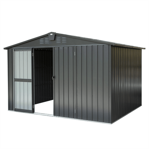 Outdoor Storage Shed 10'x 8', Metal Garden Shed for Bike, Trash Can, Tools, Galvanized Steel Outdoor Storage Cabinet with Lockable Door for Backyard, Patio, Lawn (10x8ft, Black) - DTYStore