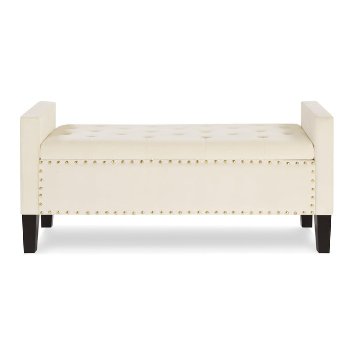 Upholstered Tufted Button Storage Bench with nails trim,Entryway Living Room Soft Padded Seat with Armrest,Bed Bench - Cream