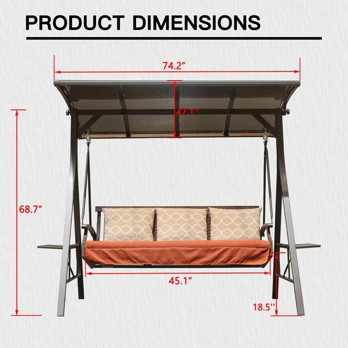 Patio Porch Swing 3 Person Adjustable Canopy Deluxe Hammock Swing Glider with 3 Sunbrella Cushions for Outdoor Garden, Balcony, Backyard - DTYStore