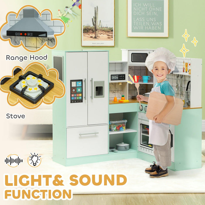 Play Kitchen, Corner Kids Kitchen Playset with Chalkboard, Range Hood, Ice Maker, Stove, Refrigerator Microwave, Realistic Sound & Lights, Pots, Gift for Toddlers Ages 3+ Years Old