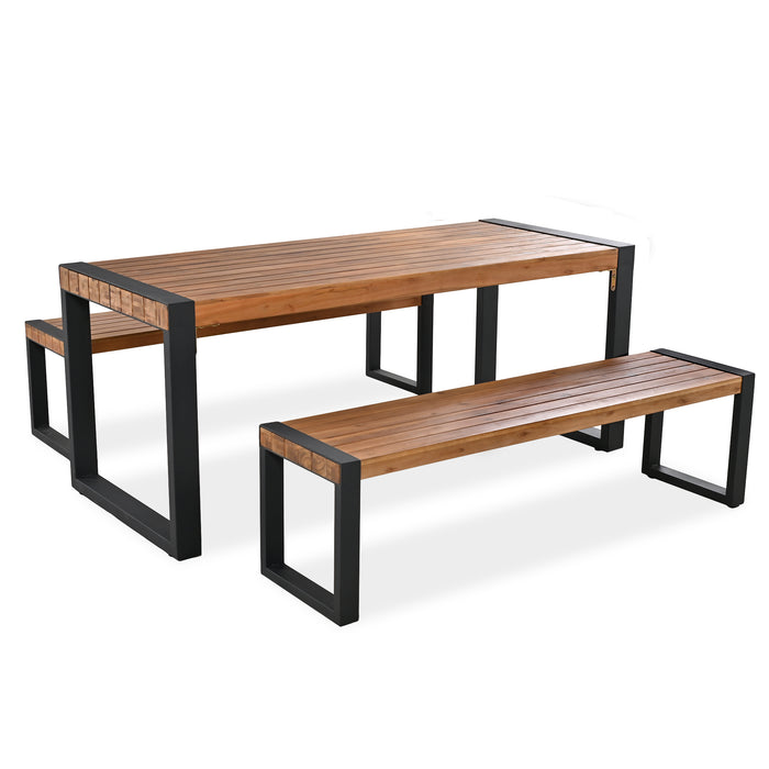 GO 3-pieces Outdoor Dining Table With 2 Benches, Patio Dining Set With Unique Top Texture, Acacia Wood Top & Steel Frame, All Weather Use, For Outdoor & Indoor, Natural - DTYStore