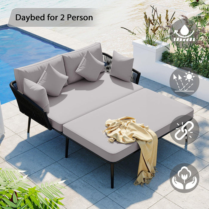 Outdoor Patio Daybed, Woven Nylon Rope Backrest with Washable Cushions, Set for 2 Person