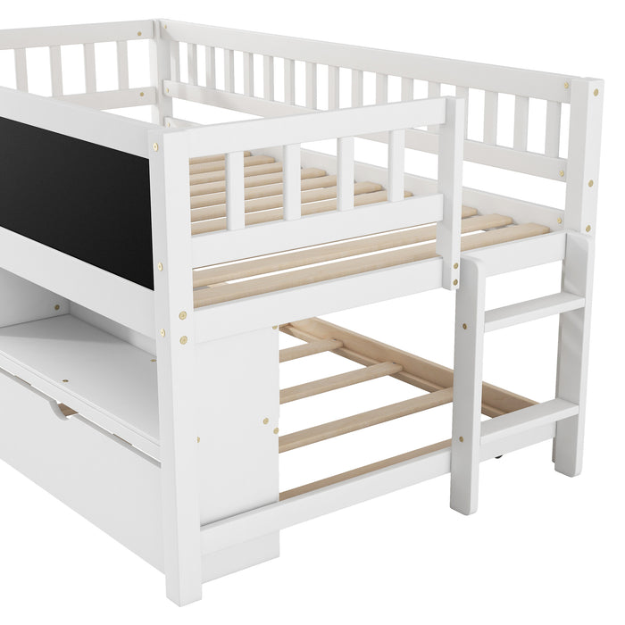 Twin Size Wood Low Loft Bed with Storage Shelves, Blackboard and Trundle, White - DTYStore