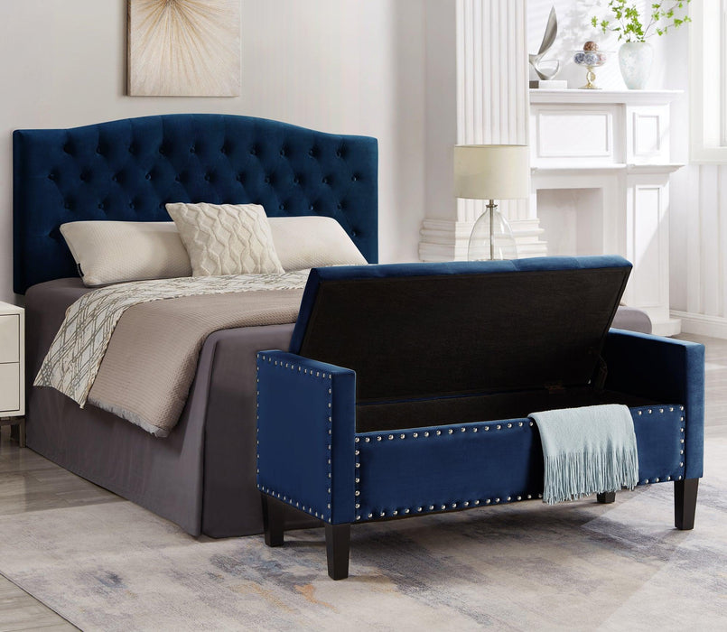 Upholstered Tufted Button Storage Bench with nails trim,Entryway Living Room Soft Padded Seat with Armrest,Bed Bench -Navy