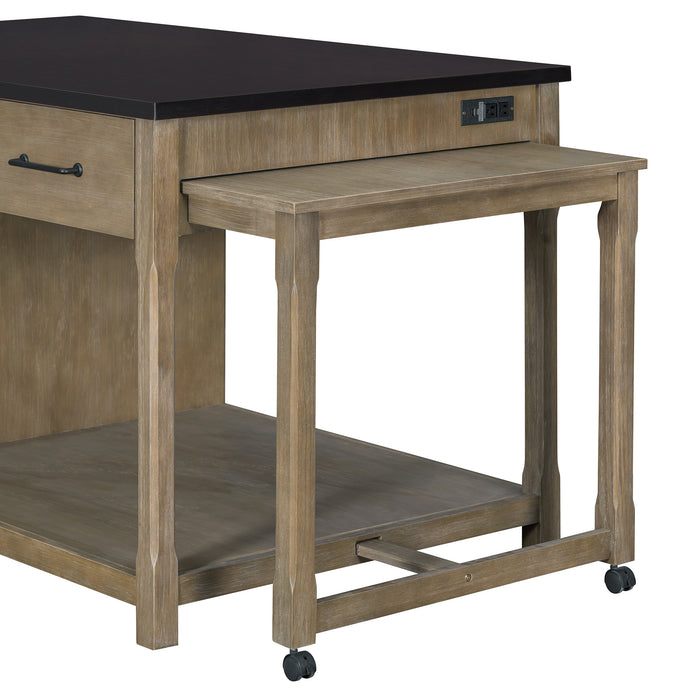 Extendable Kitchen Island with Storage, Multi-Functional Kitchen Cart with Built-In Power Outlets, Retro Kitchen Island on Wheels with Drawers and Open Shelves for Kitchen (Espresso+Natural) - DTYStore