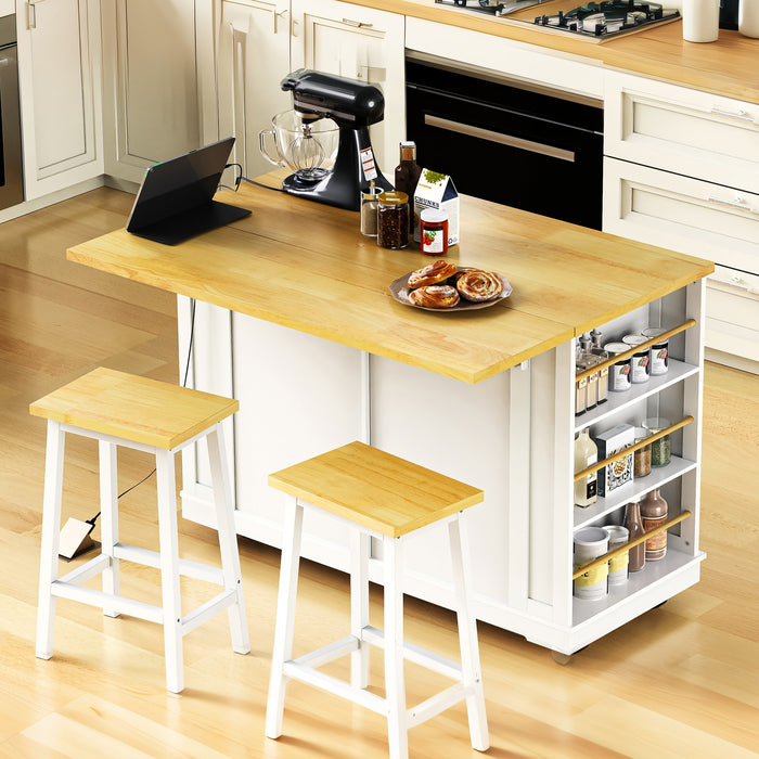 48inch Large Kitchen Island with 2 Bar Stools, Power Outlet, Door Internal Storage Rack, Kitchen Storage Cart on 5 Wheels with Drop Leaf, 5 Open Side Racks, 2 Drawers,for Kitchen,Dining Room,White - DTYStore