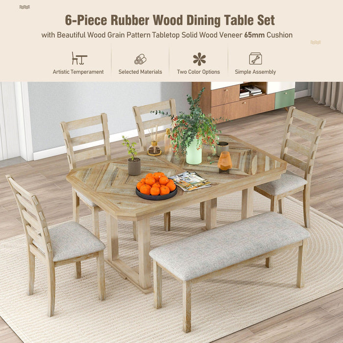 TREXM 6-Piece Rubber Wood Dining Table Set with Beautiful Wood Grain Pattern Tabletop Solid Wood Veneer and Soft Cushion (Natural Wood Wash)